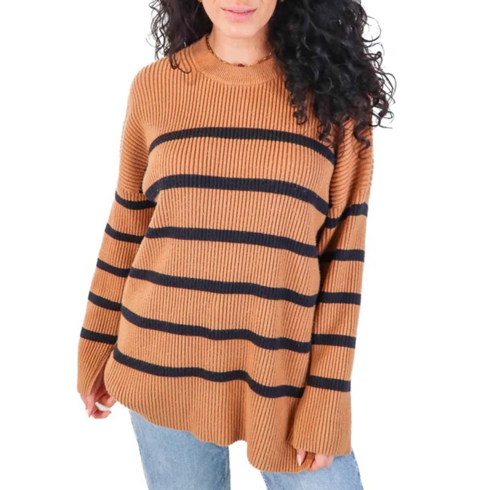 Abercrombie Soft A&F Oversized Rib Knit Striped Sweater in Tan/Black - L